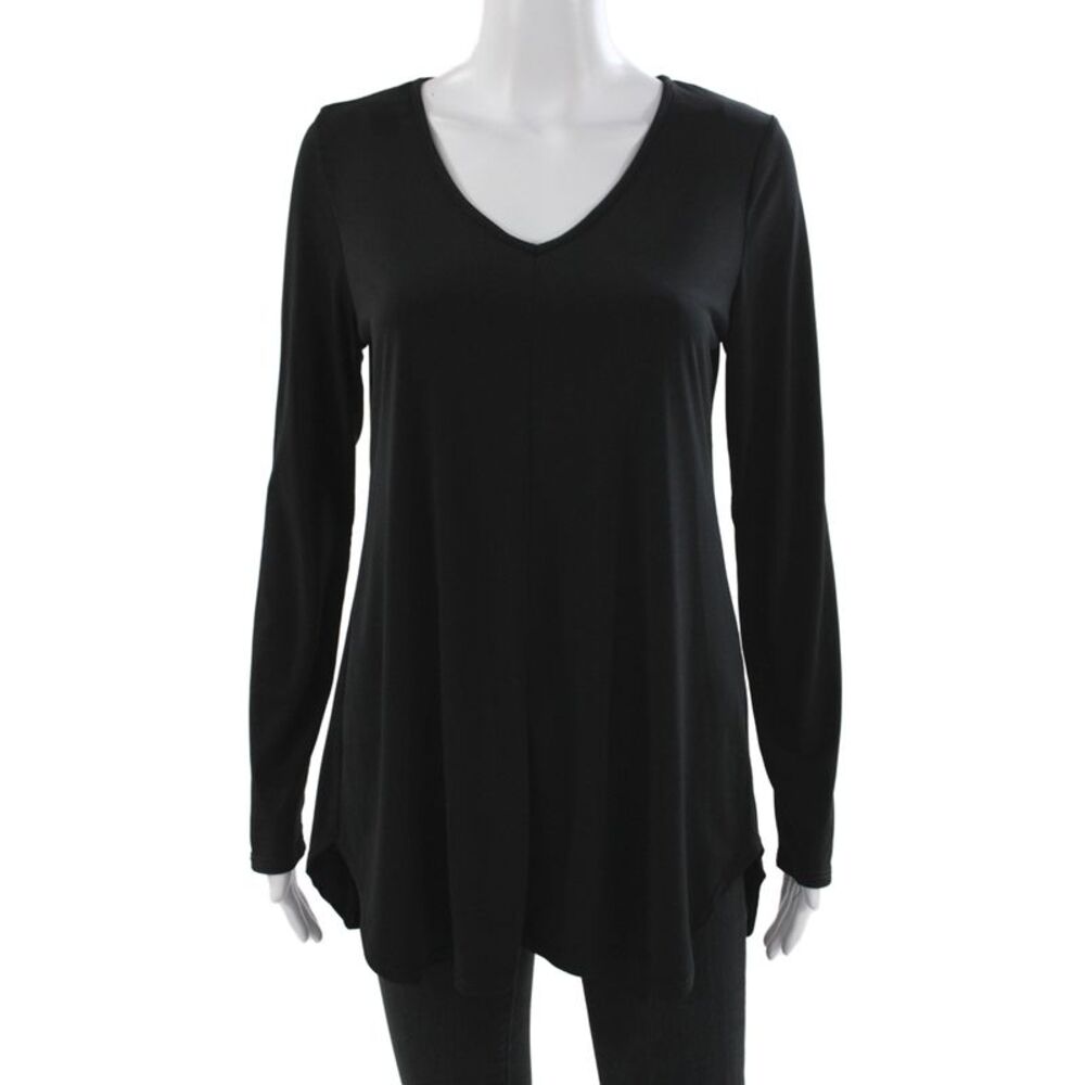 Franne Golde Women Black V Neck Long Sleeve Blouse Tunic Solid Size M